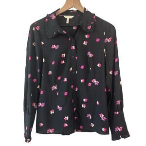 Rebecca Taylor Blouse Black Pink 6 Floriana Long Sleeve Silk Feminine Floral Top
